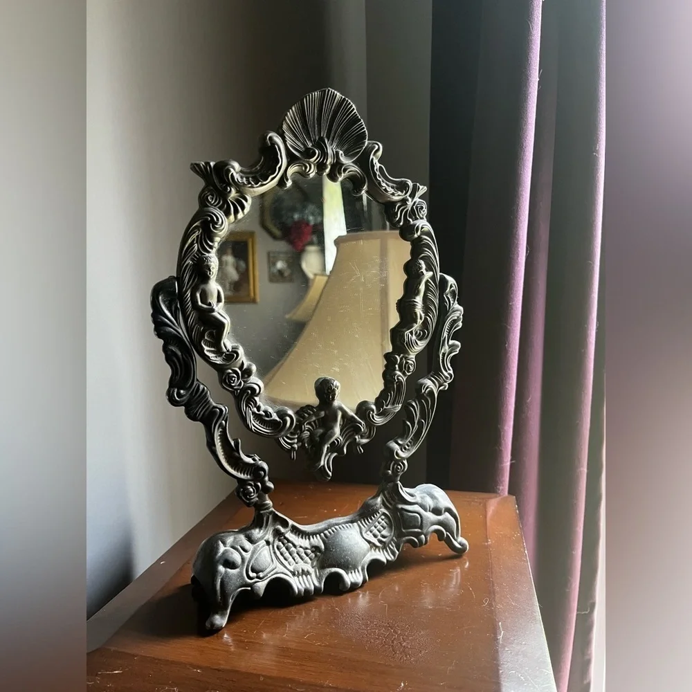 Vintage Ornate silver plated cherubs Tabletop Mirror
